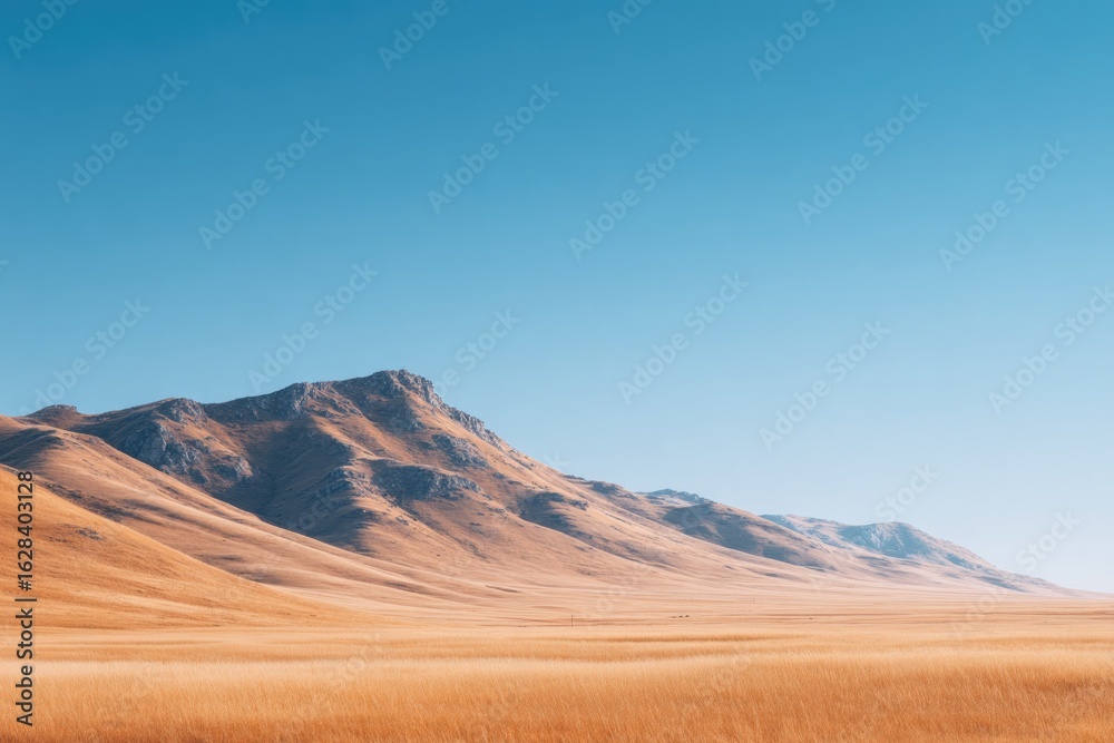 Naklejka premium Vast desert landscape under clear blue sky, showcasing majestic