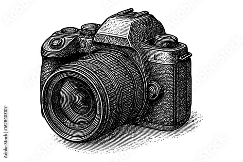 Vintage engraved camera art depicting classic photography equipment in detailed black and white design