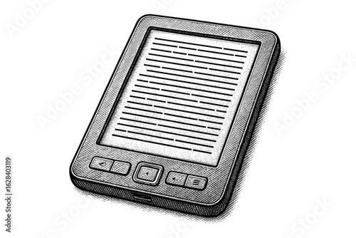 Vintage-style engraved e-reader sketch with detailed etching