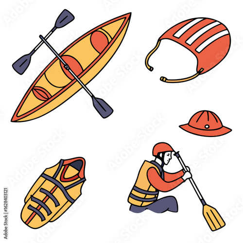 Illustration featuring a kayak with paddles life jacket helmet and other water safety equipment gear items