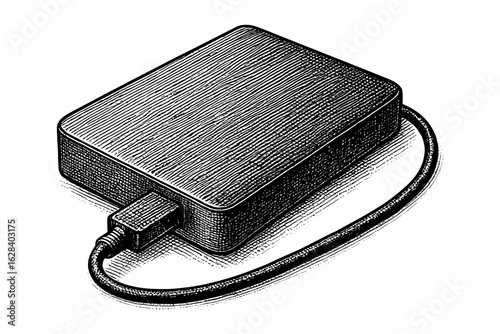 Vintage engraved style external hard drive with cable illustration