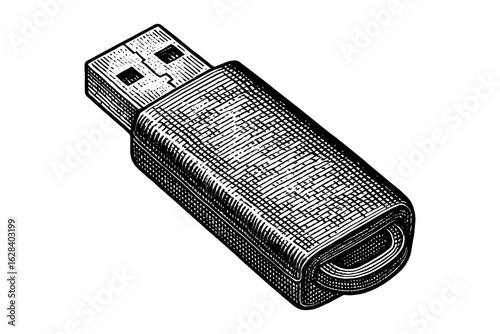 Detailed vintage usb drive engraving on white background