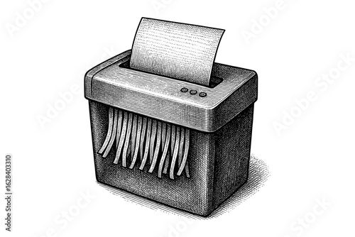 Vintage engraved paper shredder artwork with shredded strips