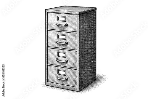 Vintage style hand drawn filing cabinet with four drawers in black and white