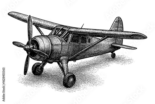 Vintage airplane drawing with detailed pen and ink technique in black and white