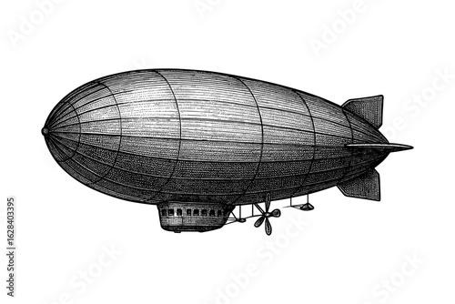 Vintage airship engraving with detailed propeller and tail fins