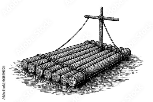 Hand drawn log raft floating on water with mast and ropes