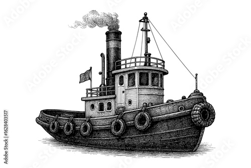 Vintage tugboat with smoke stack and flag in detailed retro style