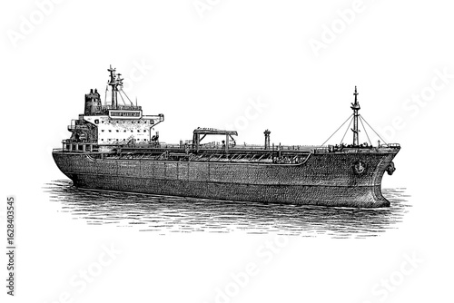 Detailed vintage engraving of a cargo ship on water