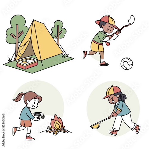 Cartoon illustration showing children camping with a tent trees campfire and playing games outdoors happily