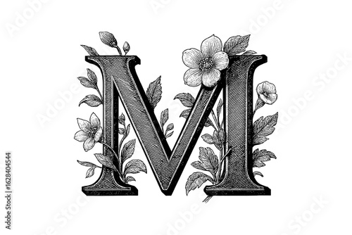 Ornate floral monogram m with vintage flowers and leaves in classic black and white design