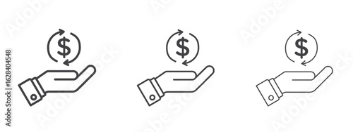 Hand money exchange icon in linear, outline icon isolated on white background