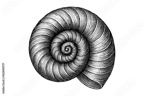 Intricate hand drawn spiral shell design in black and white