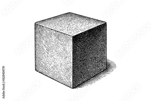 Hand drawn vintage cube with detailed shading and texture effects