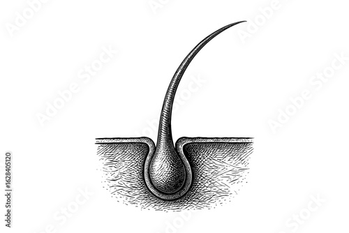 Detailed cross section of human hair follicle in engraving style