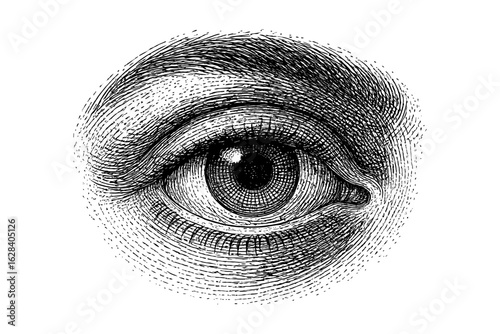 Detailed black and white etched human eye sketch with engraving effect