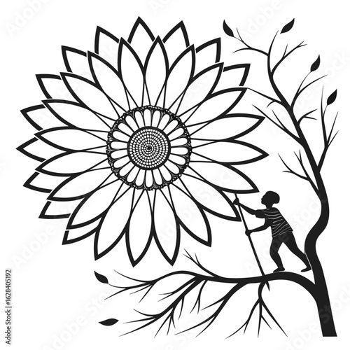 Black silhouette of a person reaching for a large sunflower vector