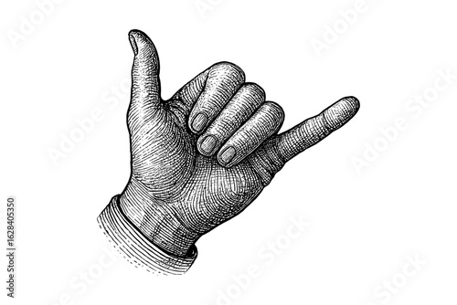 Vintage engraving of hand gesture shaka sign with textured detail