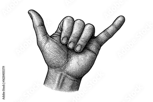 Detailed engraving of hand gesture shaka sign in vintage style