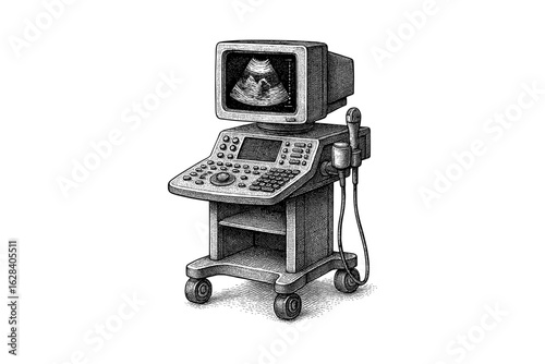 Detailed vintage engraving of a medical ultrasound machine