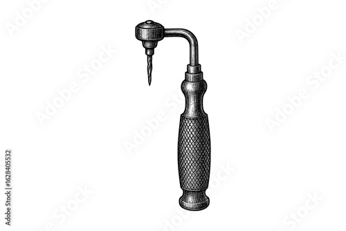 Engraved hand drill illustration of antique manual tool with detailed vintage texture