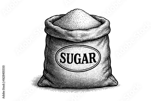 Hand drawn sketch of a bag filled with sugar on a white background