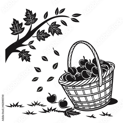 Black silhouette wicker basket overflowing with fruit vector