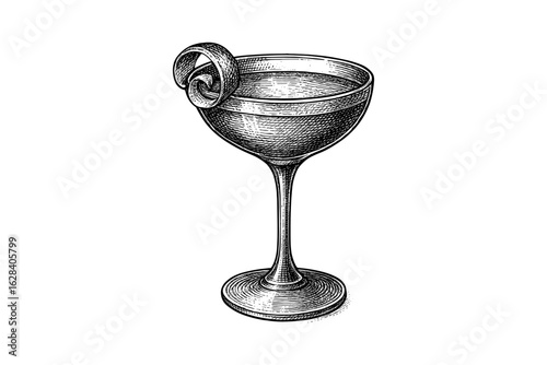 Vintage etched cocktail glass with lemon twist - intricate line art drinkware design