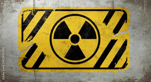 A weathered yellow and black radioactive warning sign with a trefoil symbol on a grungy, distressed metal background, symbolizing nuclear hazard danger.