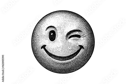 Retro winking smiley face emoticon with engraved style detail