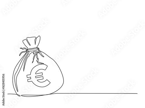 Money bag with euro symbol in single outline illustration. Continuous line art drawing of euro money bag.