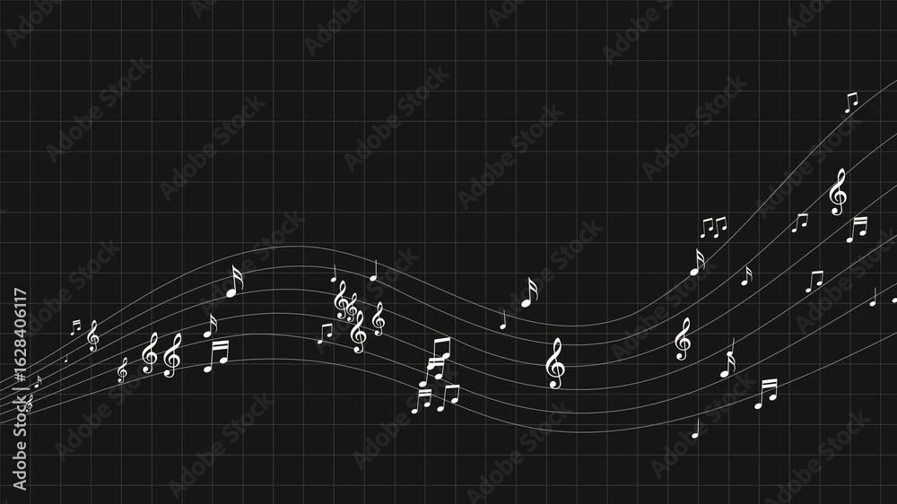 musical notes with cord flying on grid animation, white notas music and song social media motion design element	