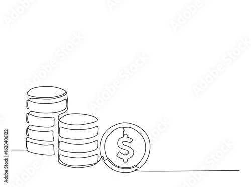 Money coin stack pile in single outline illustration. Continuous line art drawing of coins.