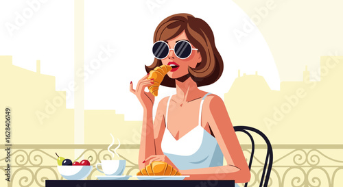 Elegant woman enjoying breakfast in Paris, featuring croissant and cityscape, cartoon illustration