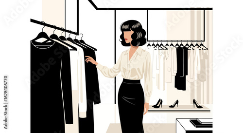 Elegant woman browsing clothes in a stylish boutique minimalistic fashion illustration for luxury