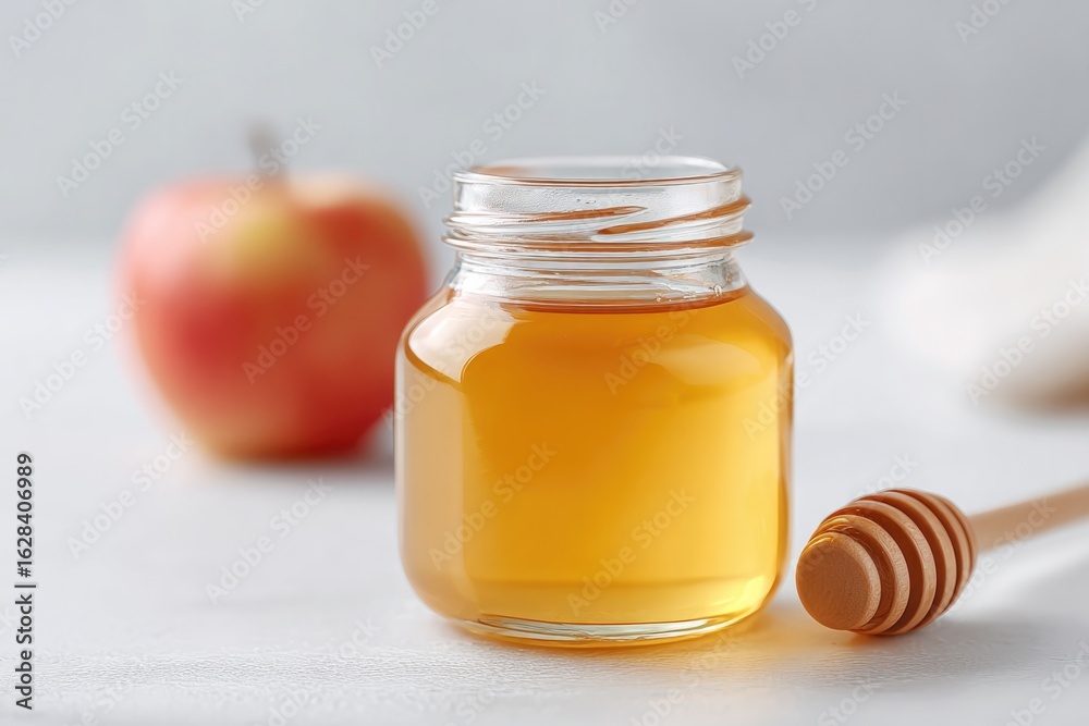 Golden honey in jar with wooden dipper beside fresh apple, invit Golden honey in jar with wooden dipper beside fresh apple, invit