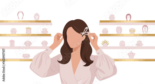 Elegant woman applying pearl hair clip in a jewelry store filled with accessories