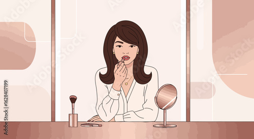 Elegant woman applying lipstick with a mirror and makeup brushes on a vanity table