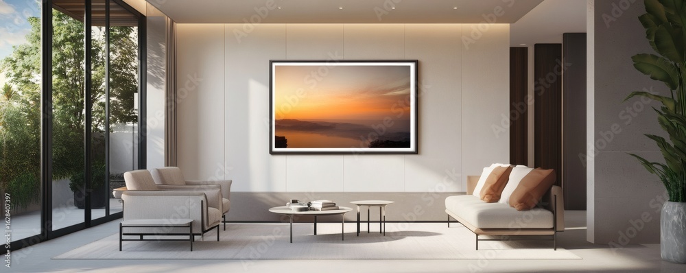 Contemporary living room with modern furniture and decorative landscape artwork Contemporary living room with modern furniture and decorative landscape artwork