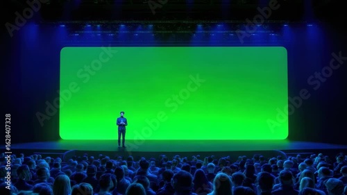 A man stands on a stage in front of a massive green screen facing a large audience in an auditorium ready for a presentation or performance