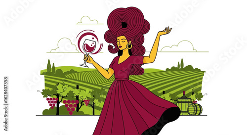 Elegant wine illustration featuring a woman amidst vineyards and wine elements