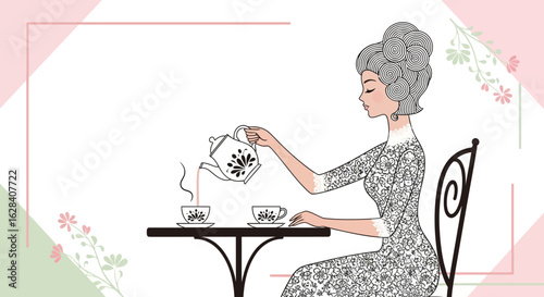 Elegant lady pours tea in a floral setting, capturing a serene afternoon tea time illustration