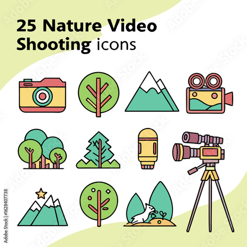 Illustration of nature video shooting icons featuring camera, trees, mountains, and video recording equipment