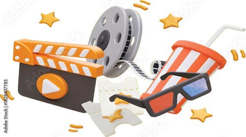 3d movie time concept including popcorn, film strip, and accessories