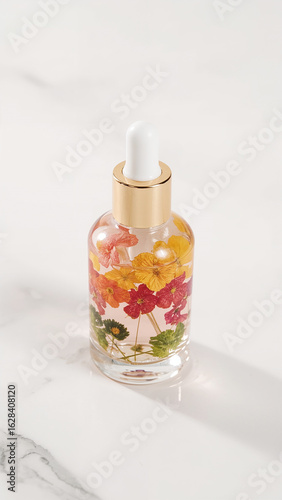 Glass dropper bottle with pink liquid and assorted pressed flowers on marble serum