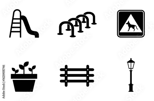 Playground slide dog sign potted plants bench and lamp post icons ladder obstacle
