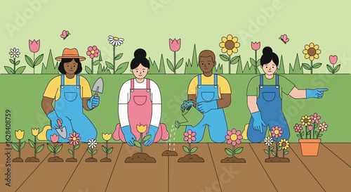 Diverse group of volunteers gardening together on a sunny day illustrating teamwork and community