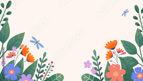 Background and banner decorated with pastel colors, blooming flowers, and leaves. Flat folk geometric style.