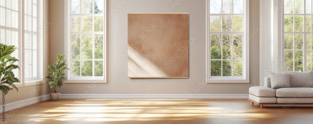 Fototapeta premium A light filled room displays an empty square art piece