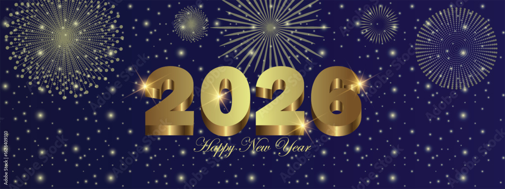 Naklejka premium Happy New Year 2026 greetings flyer with Fireworks dim light effect, golden gradient text, New year promotion or invitation template, decorative flyer for new year celebration, vector art illustration